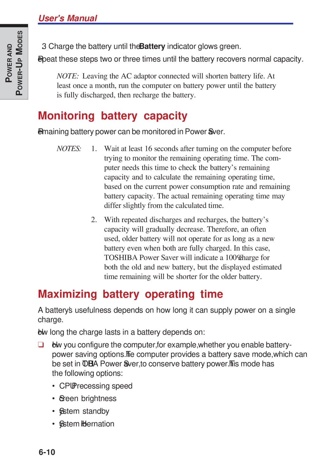 Toshiba A40 Series manual Monitoring battery capacity, Maximizing battery operating time 