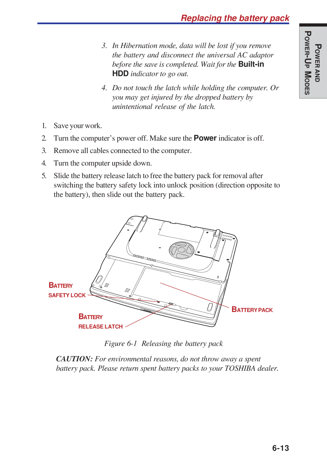 Toshiba A40 Series manual Replacing the battery pack, Releasing the battery pack 