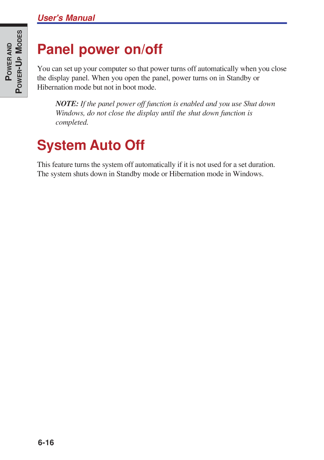 Toshiba A40 Series manual Panel power on/off, System Auto Off 