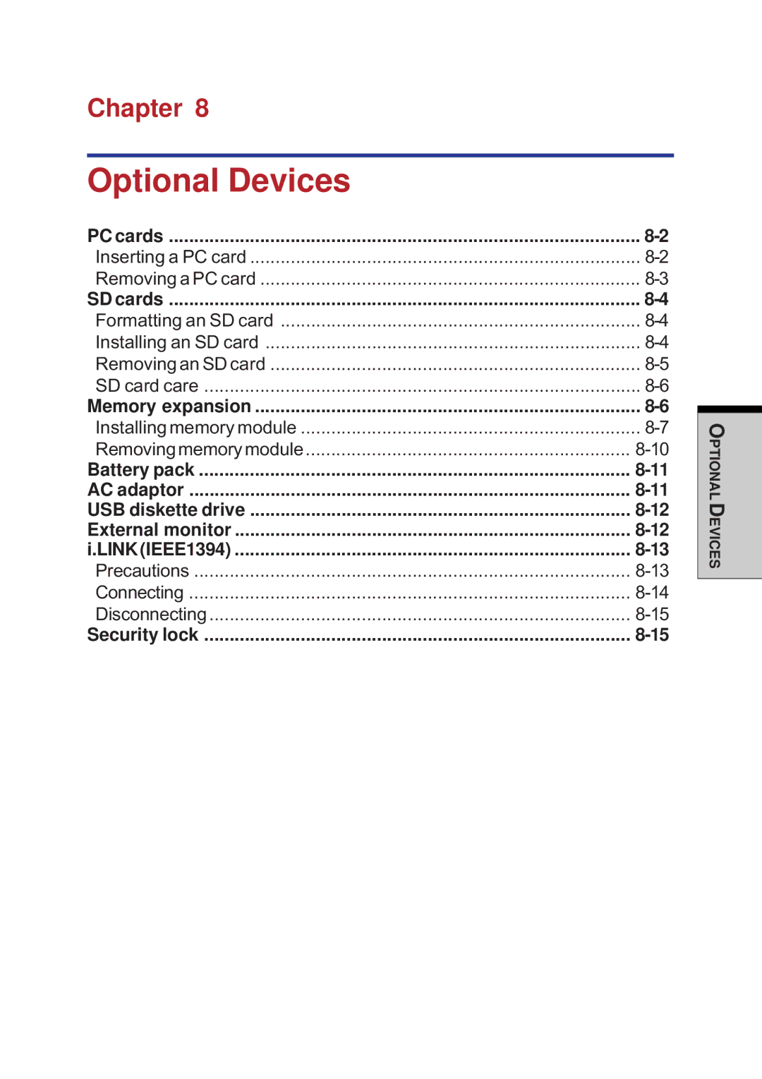 Toshiba A40 Series manual Optional Devices, Chapter 