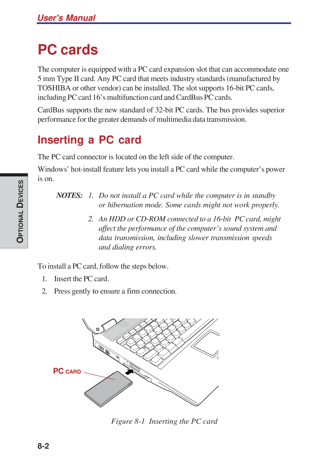 Toshiba A40 Series manual PC cards, Inserting a PC card 