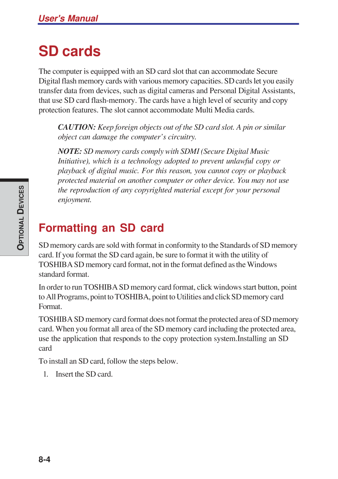 Toshiba A40 Series manual SD cards, Formatting an SD card 