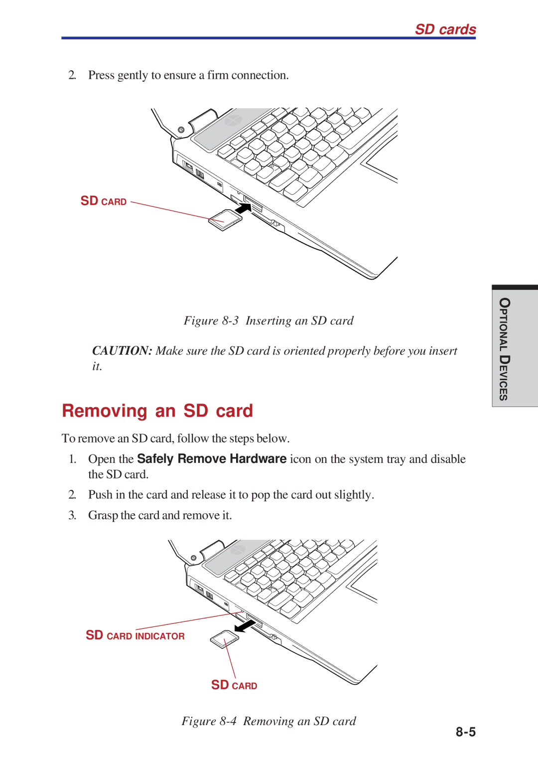 Toshiba A40 Series manual Removing an SD card, SD cards 