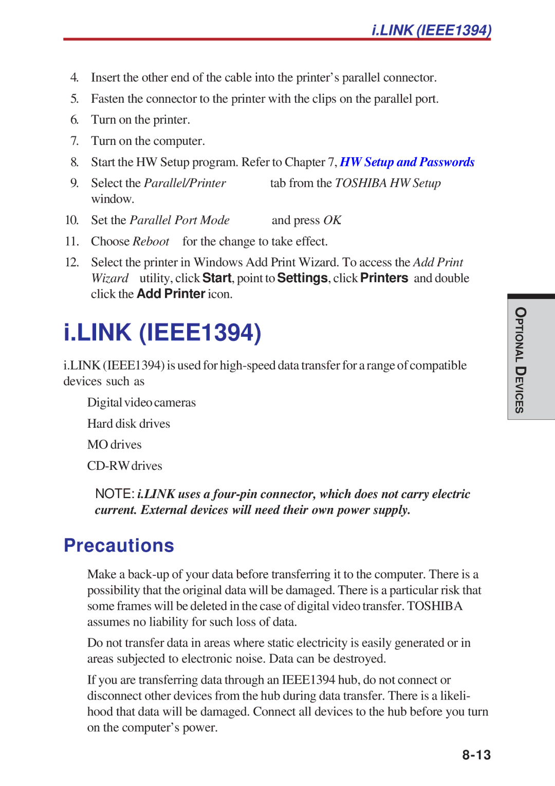 Toshiba A40 Series manual Link IEEE1394, Precautions 