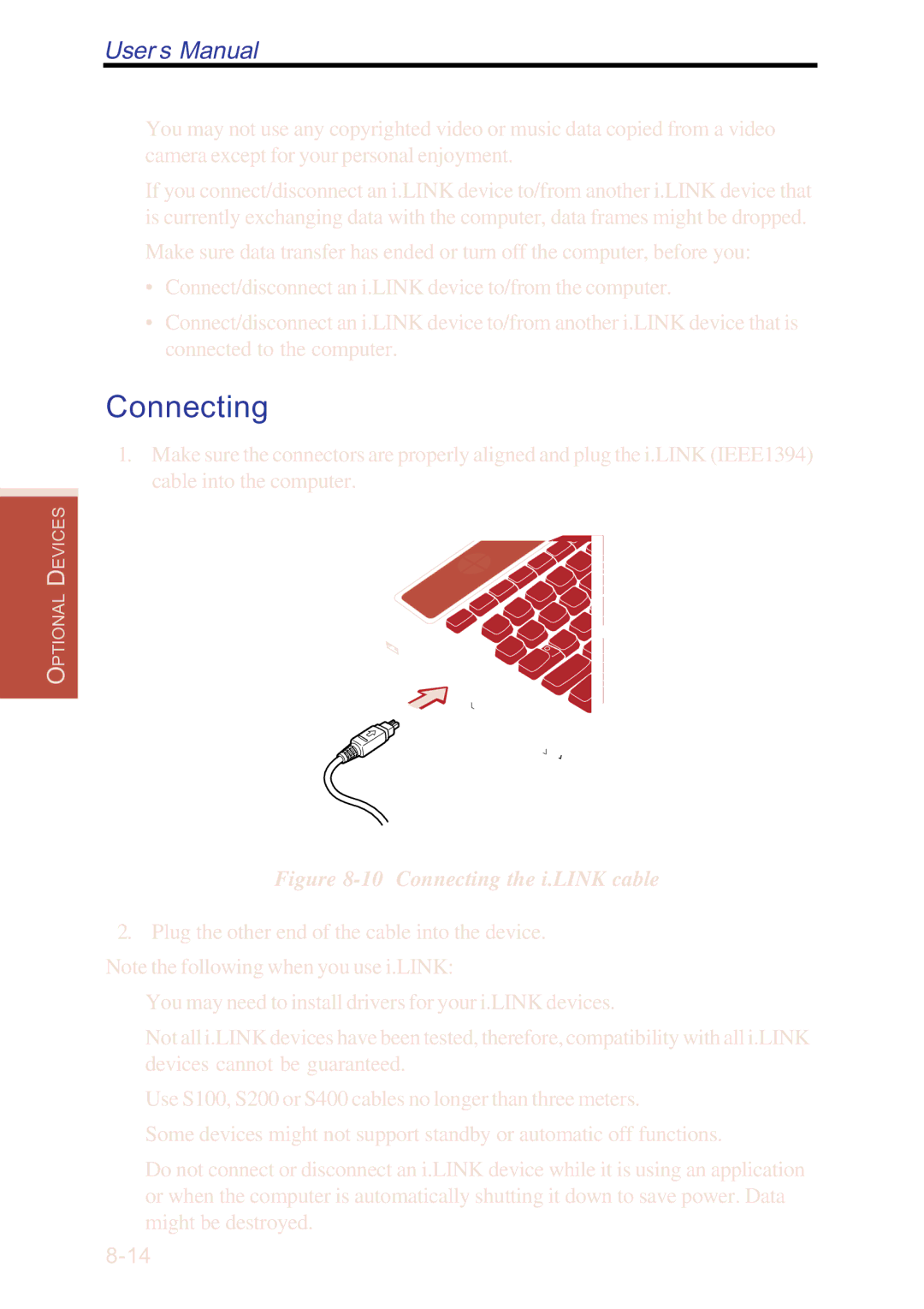 Toshiba A40 Series manual Connecting the i.LINK cable 