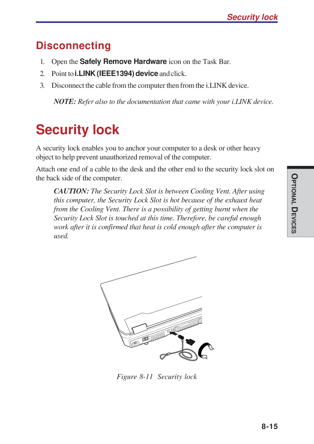 Toshiba A40 Series manual Security lock, Point to i.LINK IEEE1394 device and click 