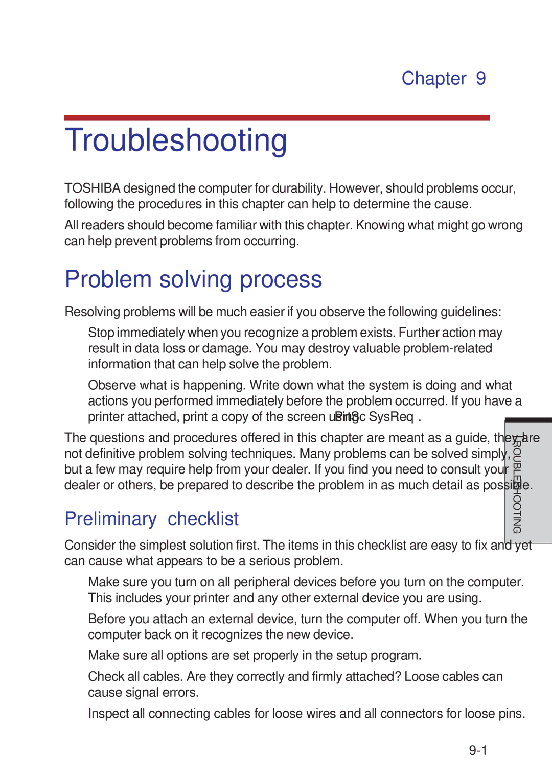 Toshiba A40 Series manual Troubleshooting, Problem solving process, Preliminary checklist 