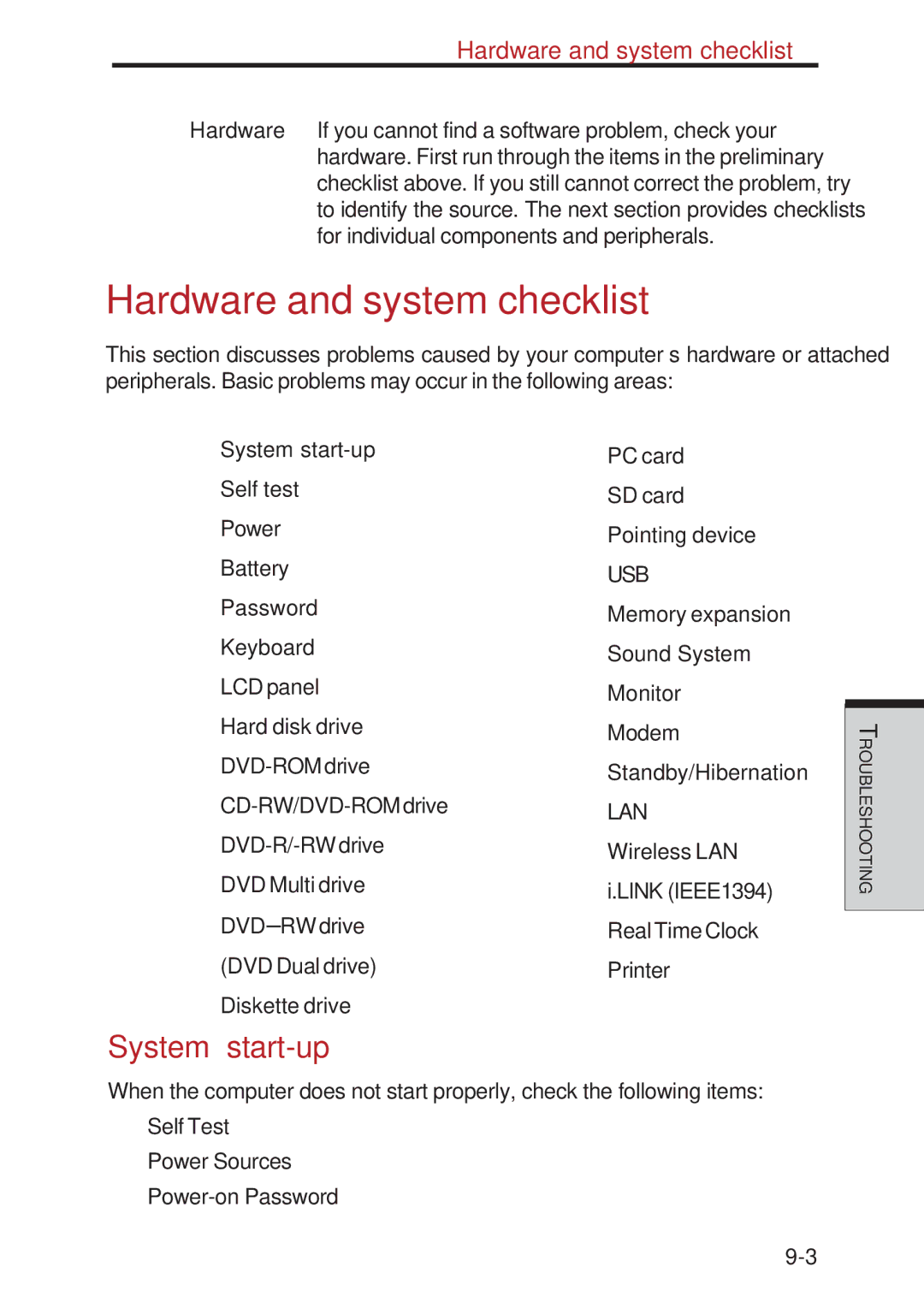 Toshiba A40 Series manual Hardware and system checklist, System start-up 