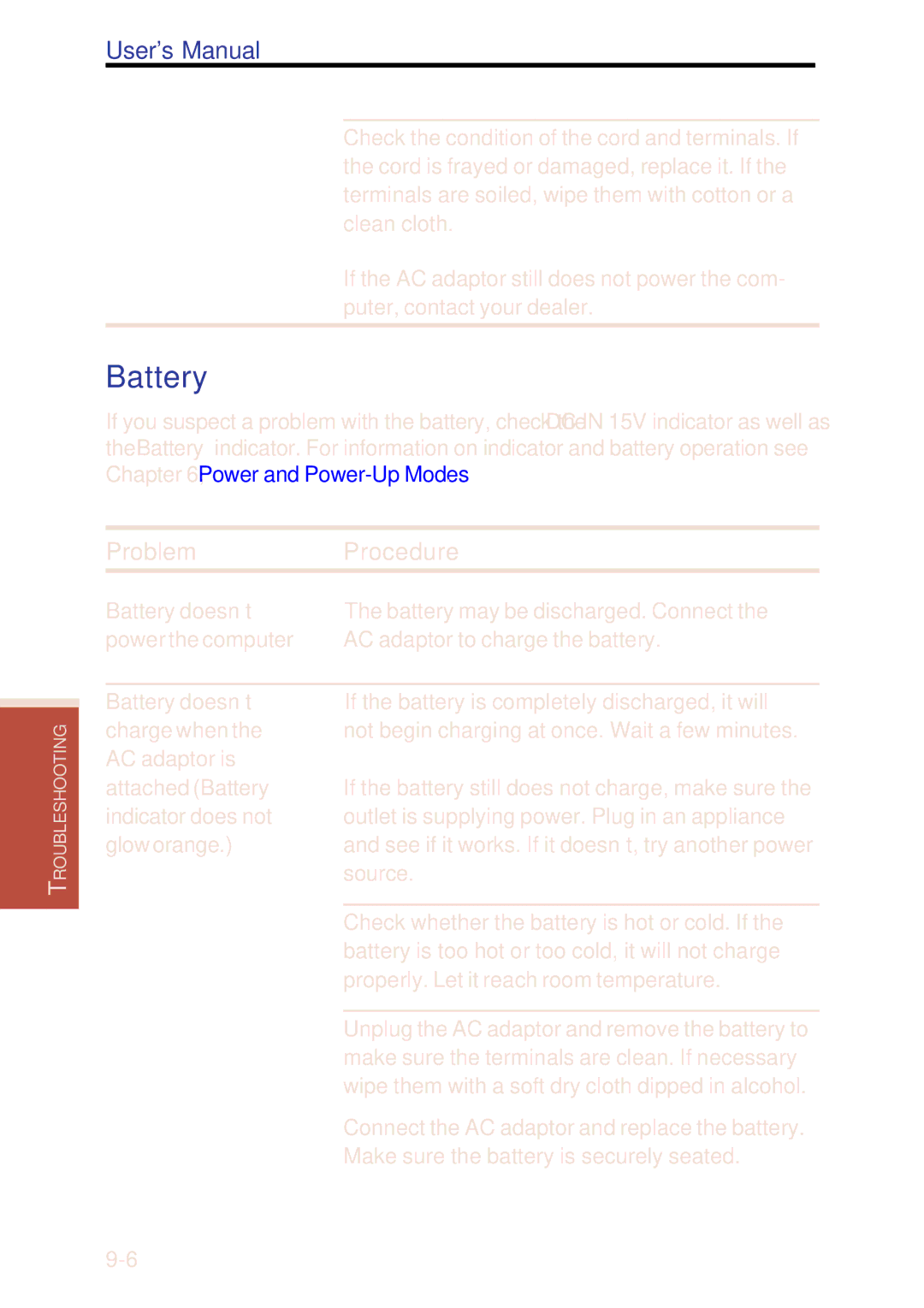 Toshiba A40 Series manual Battery, Problem Procedure 