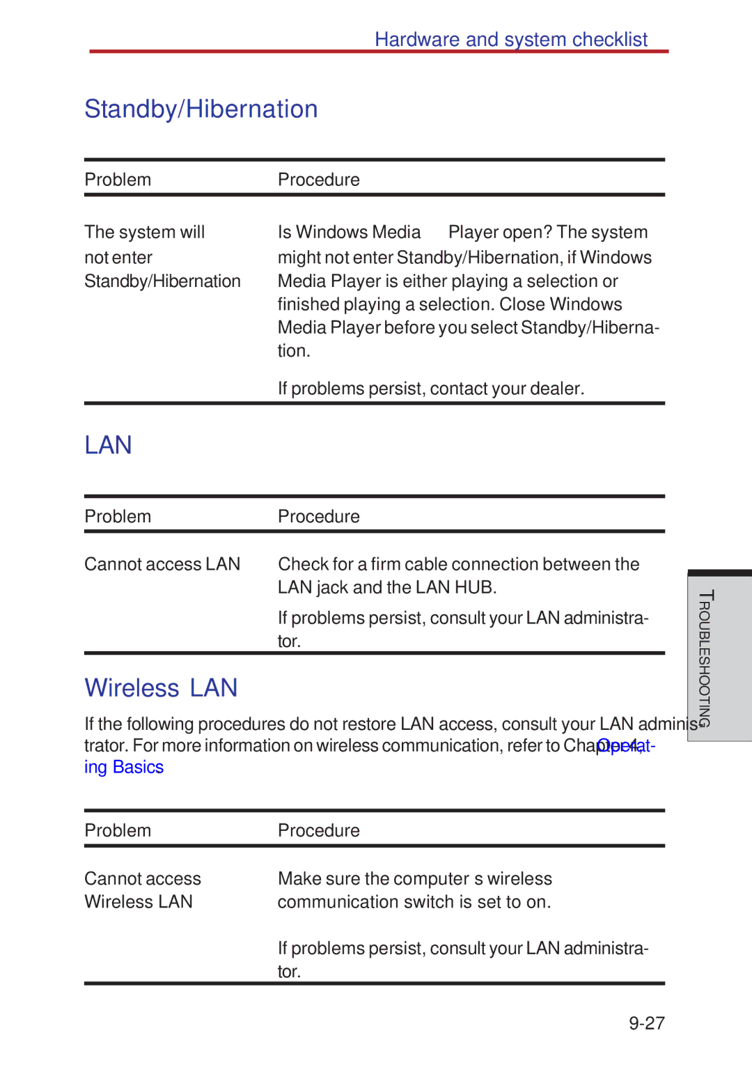 Toshiba A40 Series manual Standby/Hibernation, Wireless LAN 