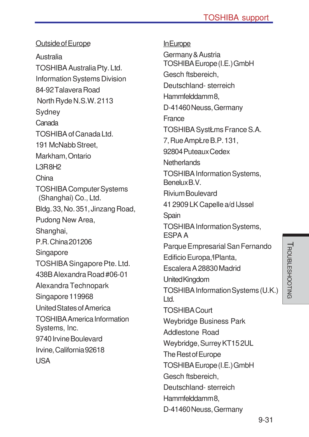 Toshiba A40 Series manual Toshiba support, InEurope Germany&Austria 