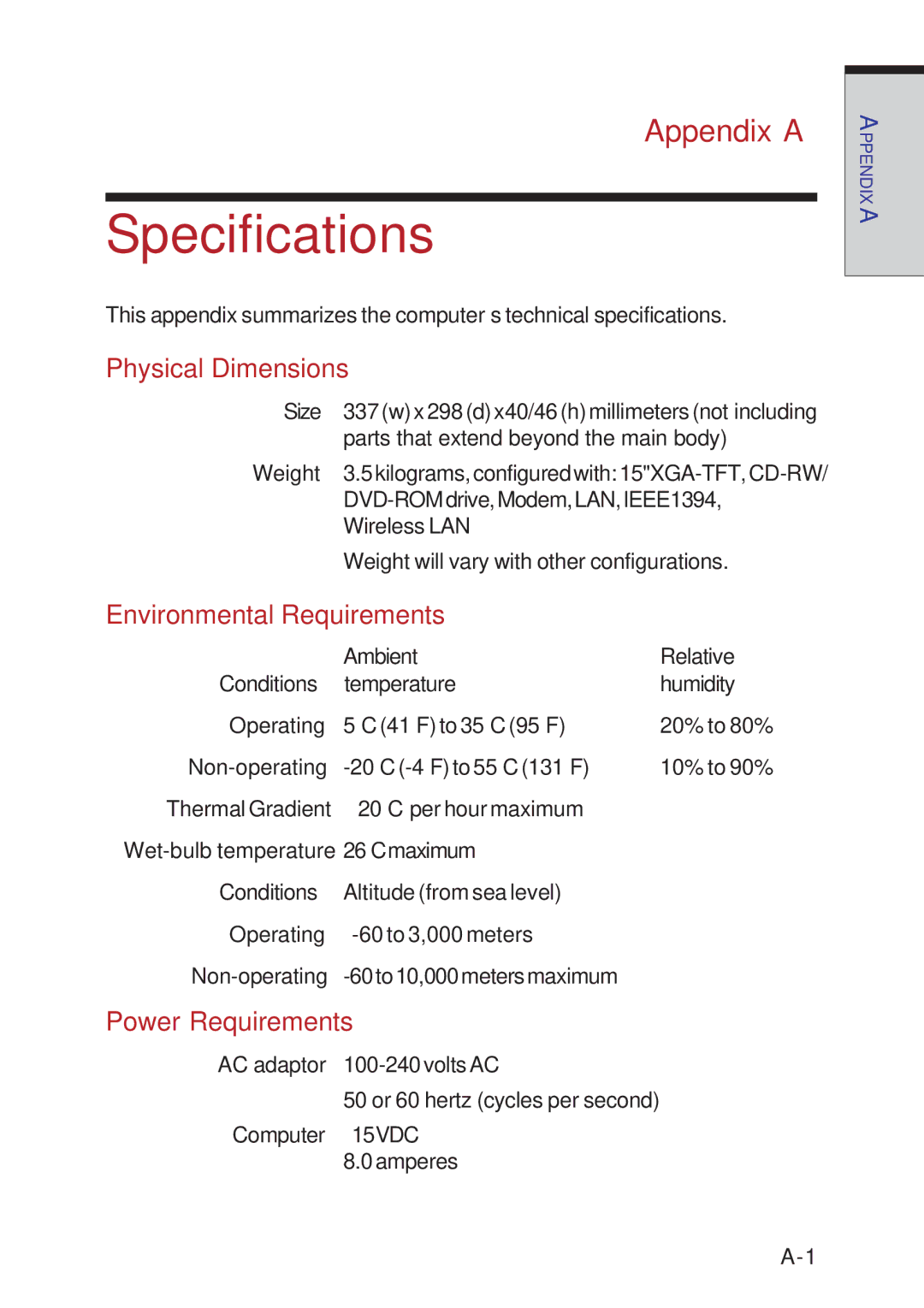 Toshiba A40 Series manual Specifications, Appendix a, Physical Dimensions, Environmental Requirements, Power Requirements 