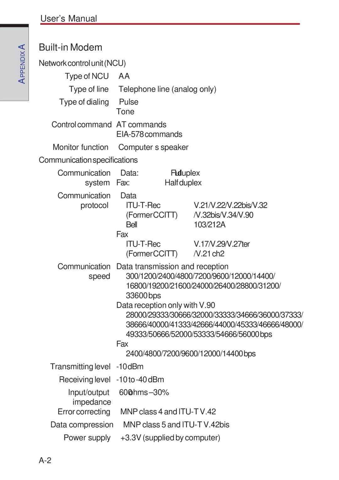 Toshiba A40 Series manual Built-in Modem, NetworkcontrolunitNCU 