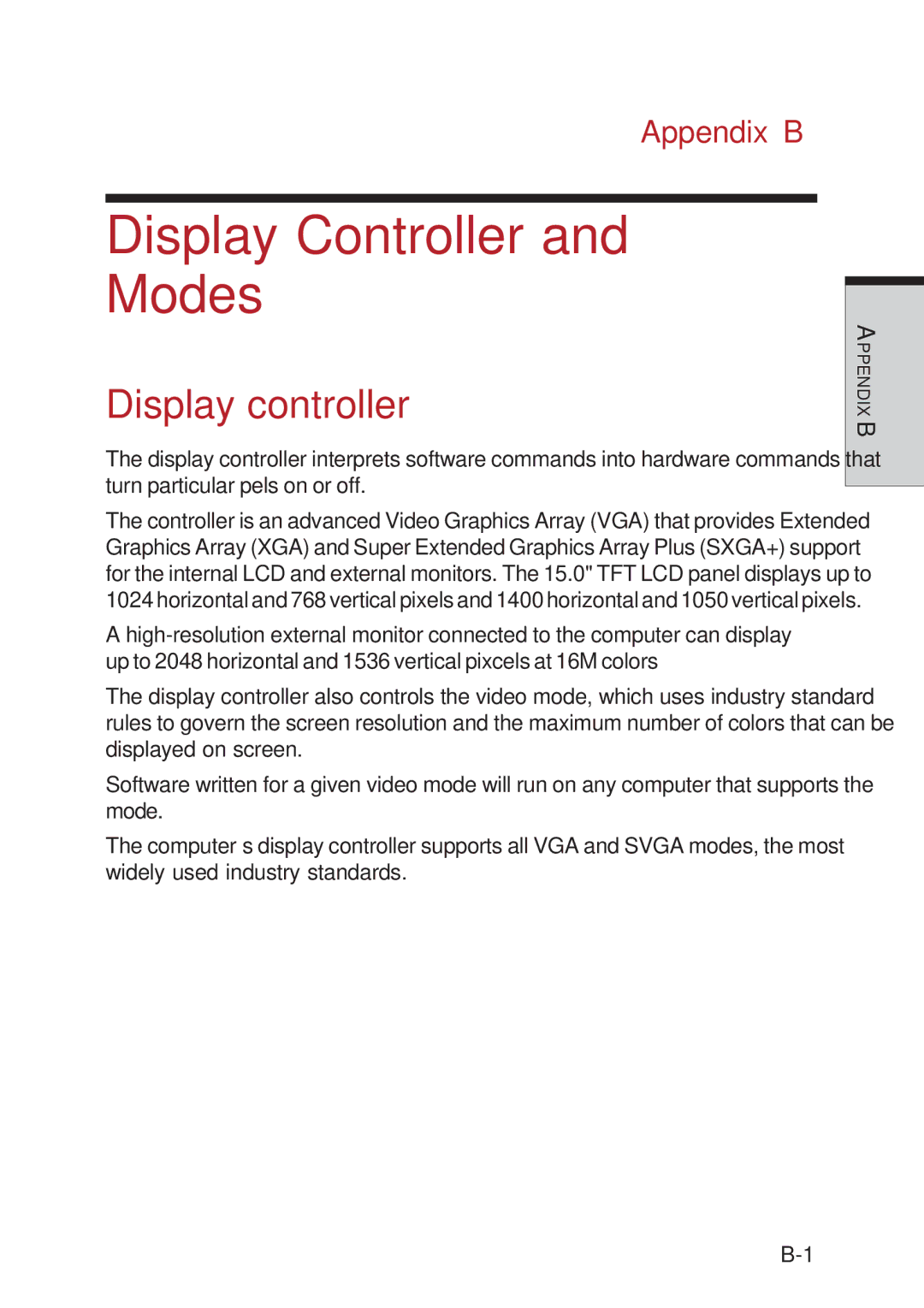 Toshiba A40 Series manual Display Controller and Modes, Display controller, Appendix B 