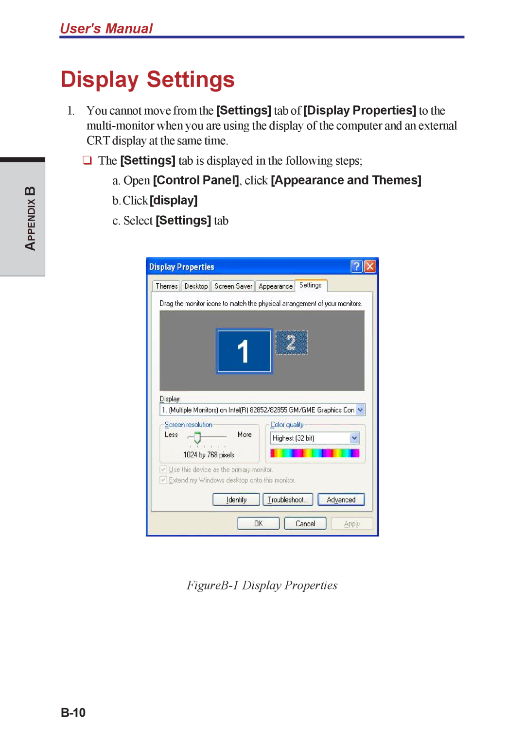 Toshiba A40 Series manual Display Settings, FigureB-1 Display Properties 