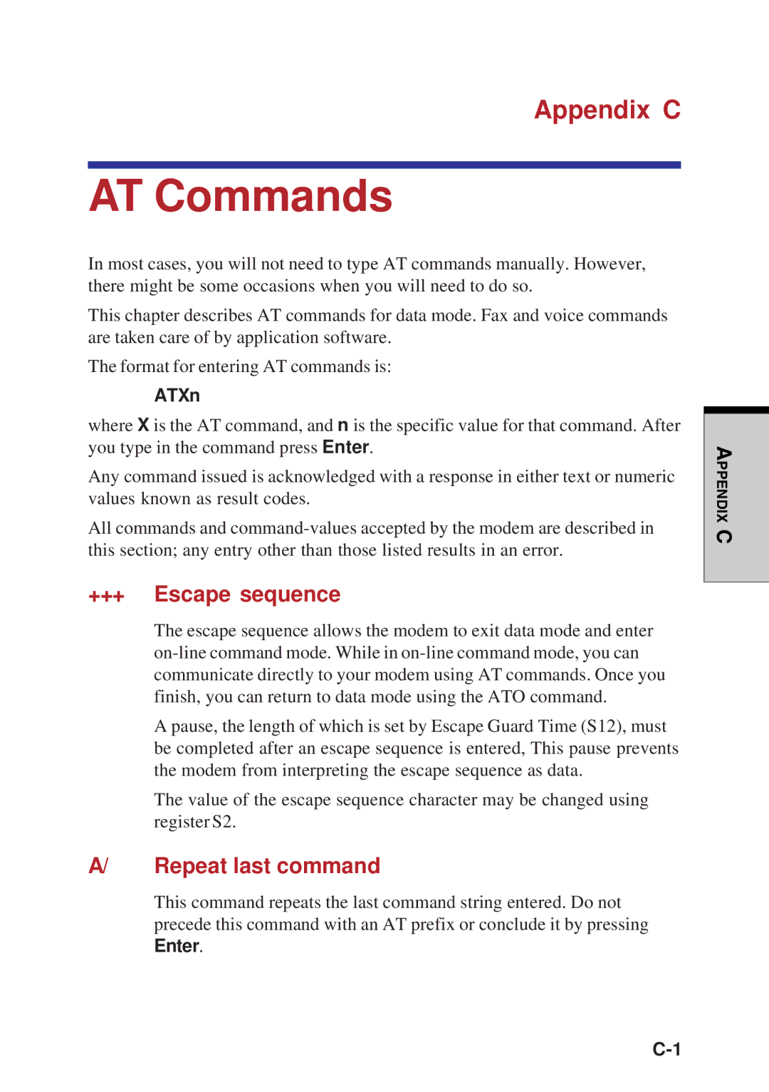 Toshiba A40 Series manual AT Commands, Appendix C, +++ Escape sequence, Repeat last command, ATXn 