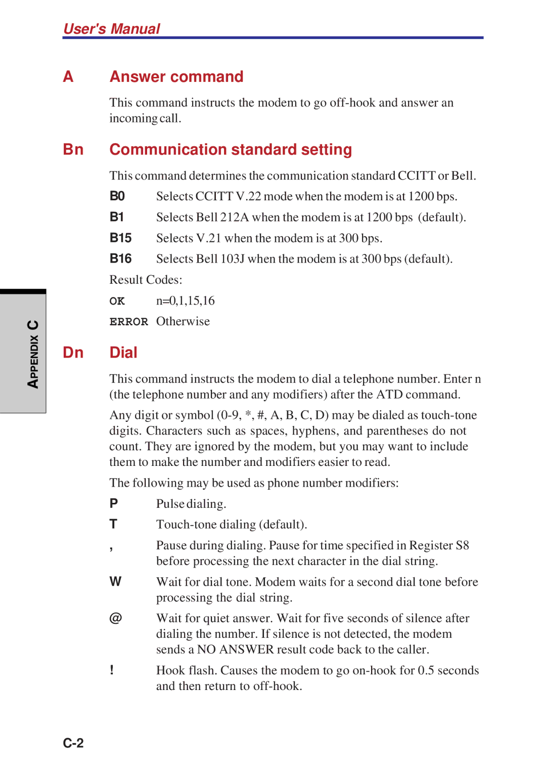 Toshiba A40 Series manual Answer command, Bn Communication standard setting, Dn Dial 