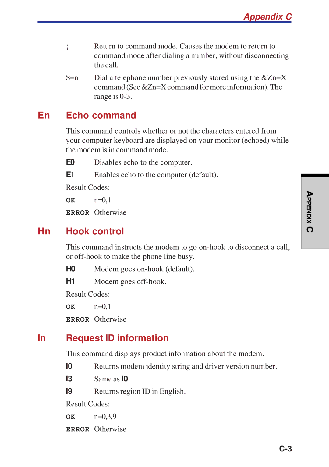 Toshiba A40 Series manual En Echo command, Hook control, Request ID information, Appendix C 