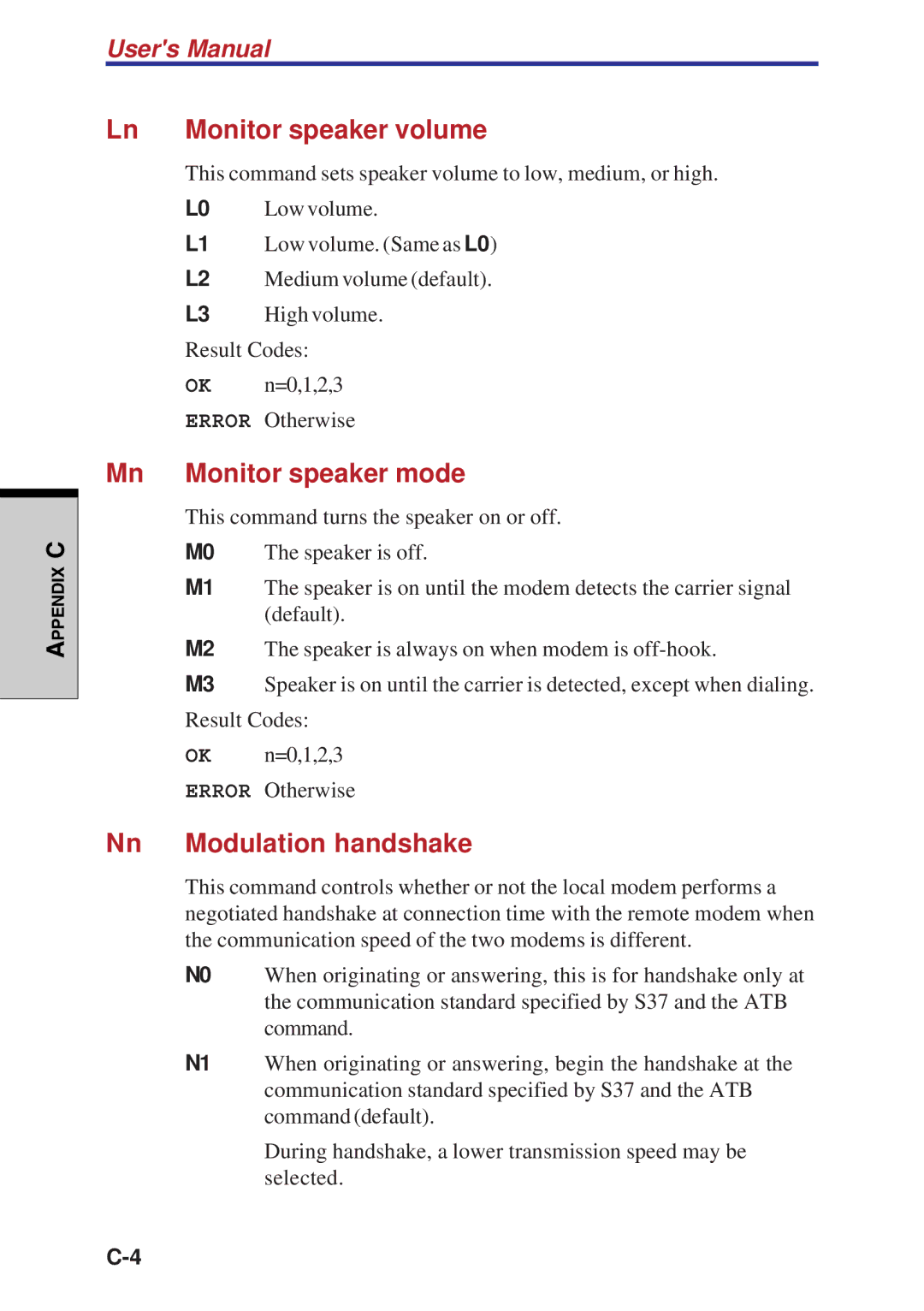 Toshiba A40 Series manual Ln Monitor speaker volume, Mn Monitor speaker mode, Nn Modulation handshake 