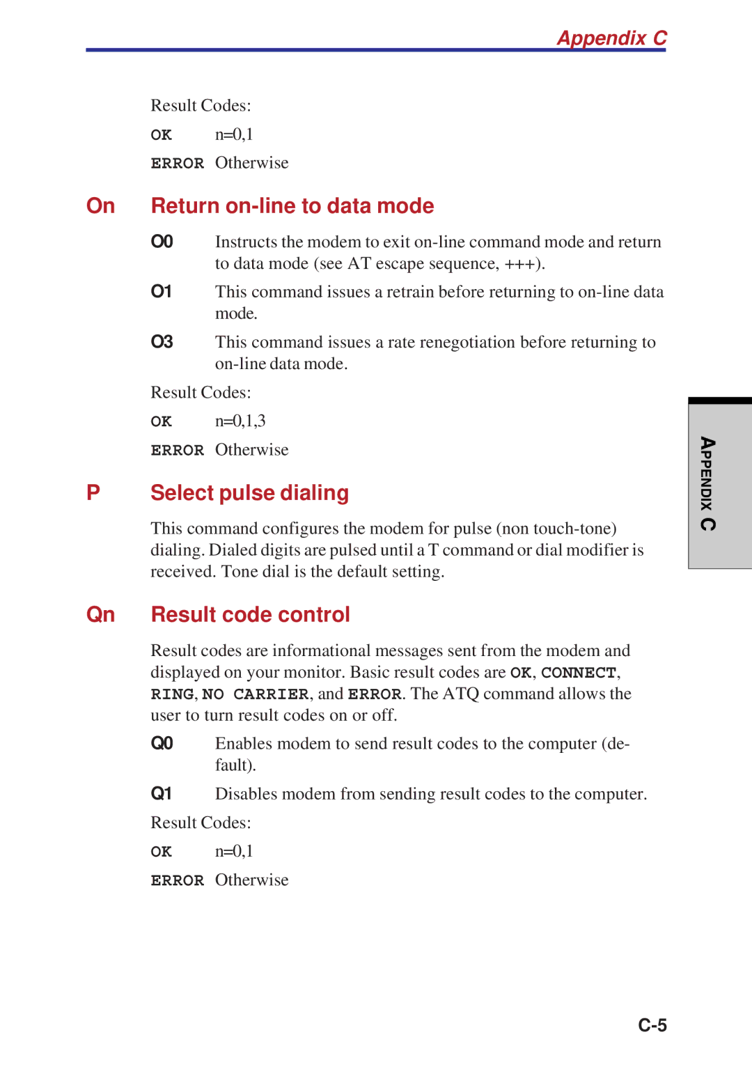 Toshiba A40 Series manual On Return on-line to data mode, Select pulse dialing, Qn Result code control 