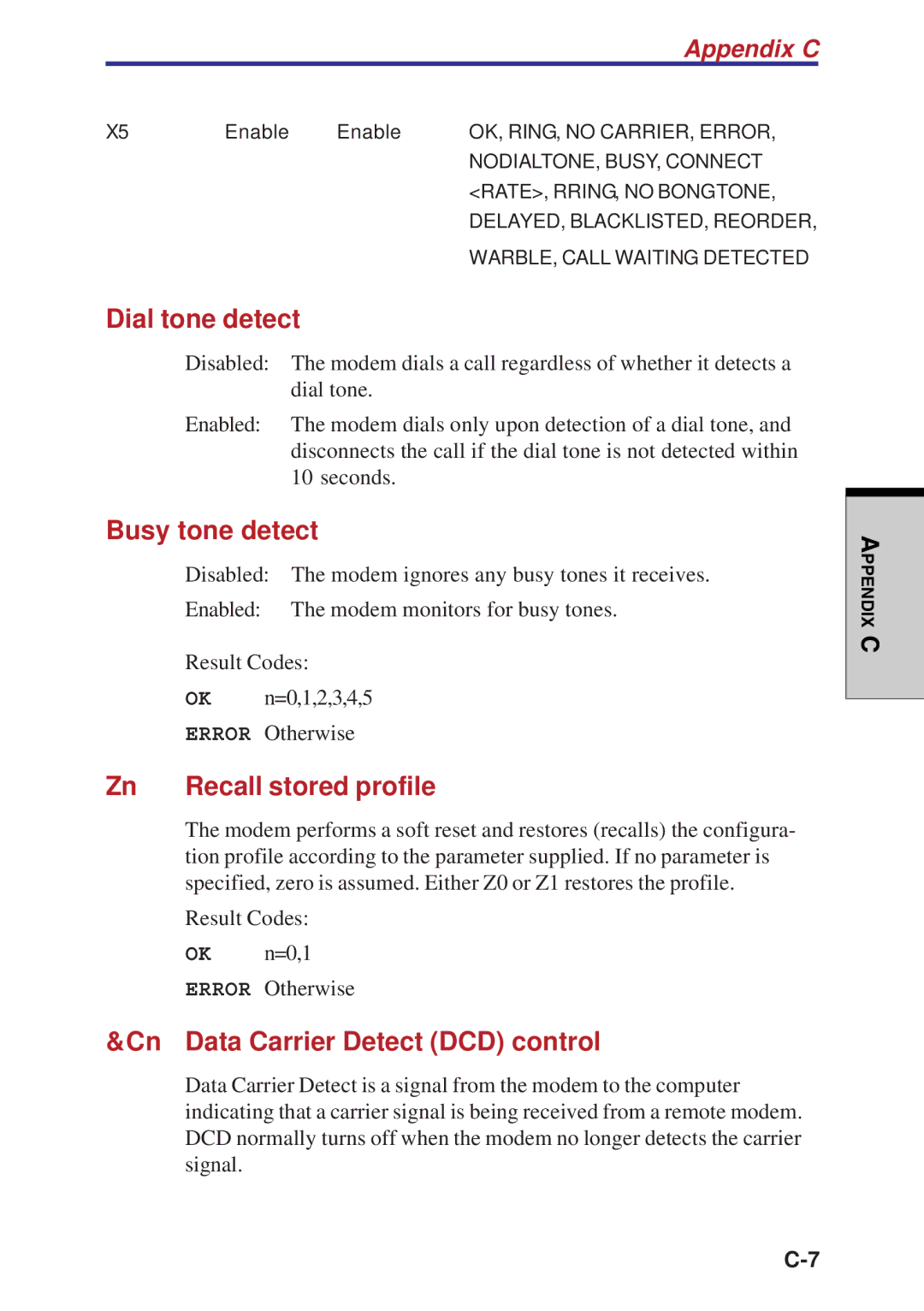 Toshiba A40 Series manual Dial tone detect, Busy tone detect, Recall stored profile, Data Carrier Detect DCD control 