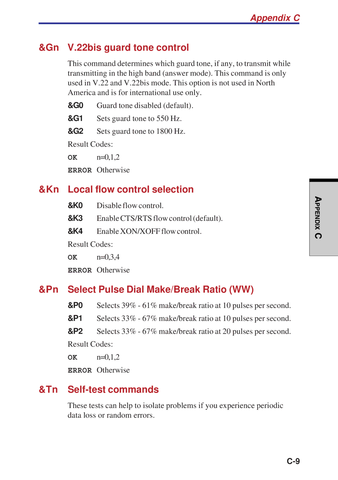 Toshiba A40 Series manual Gn V.22bis guard tone control, Kn Local flow control selection, Tn Self-test commands 