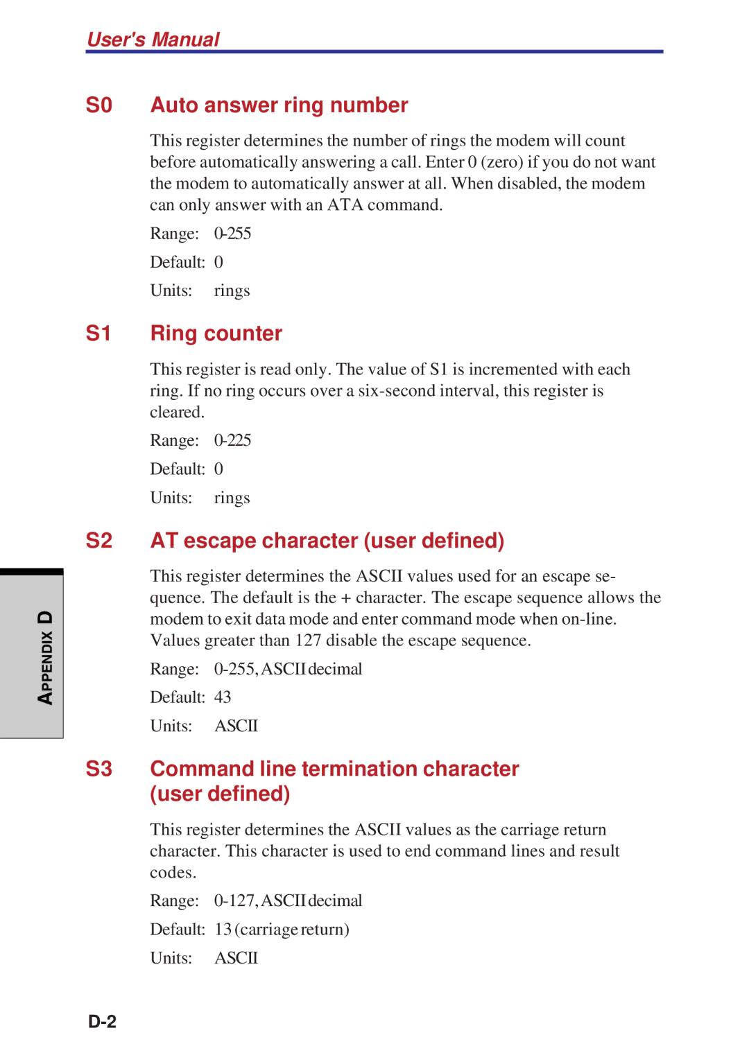 Toshiba A40 Series manual S0 Auto answer ring number, S1 Ring counter, S2 AT escape character user defined 