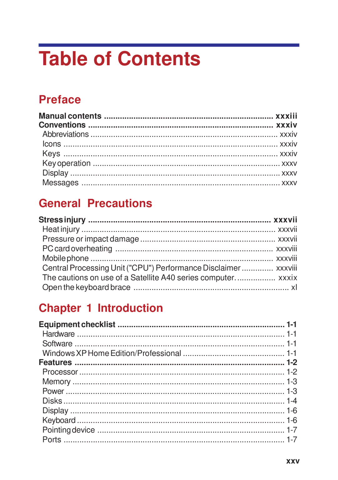 Toshiba A40 Series manual Table of Contents 