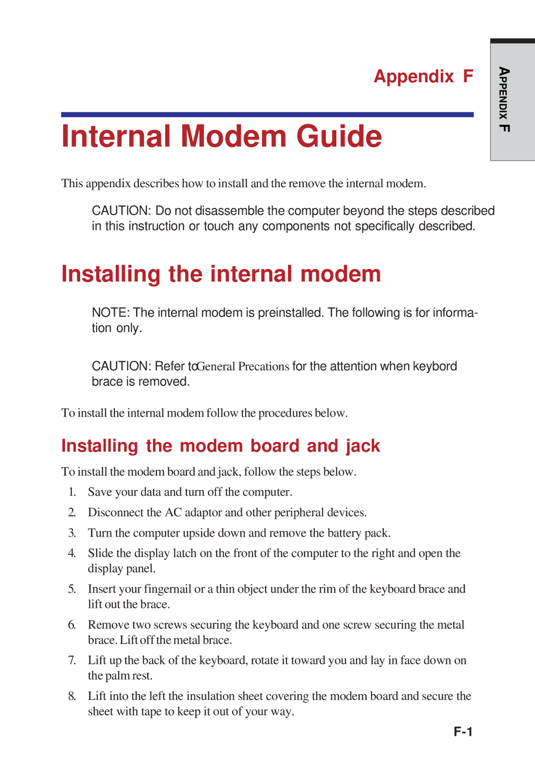 Toshiba A40 Series Internal Modem Guide, Installing the internal modem, Appendix F, Installing the modem board and jack 