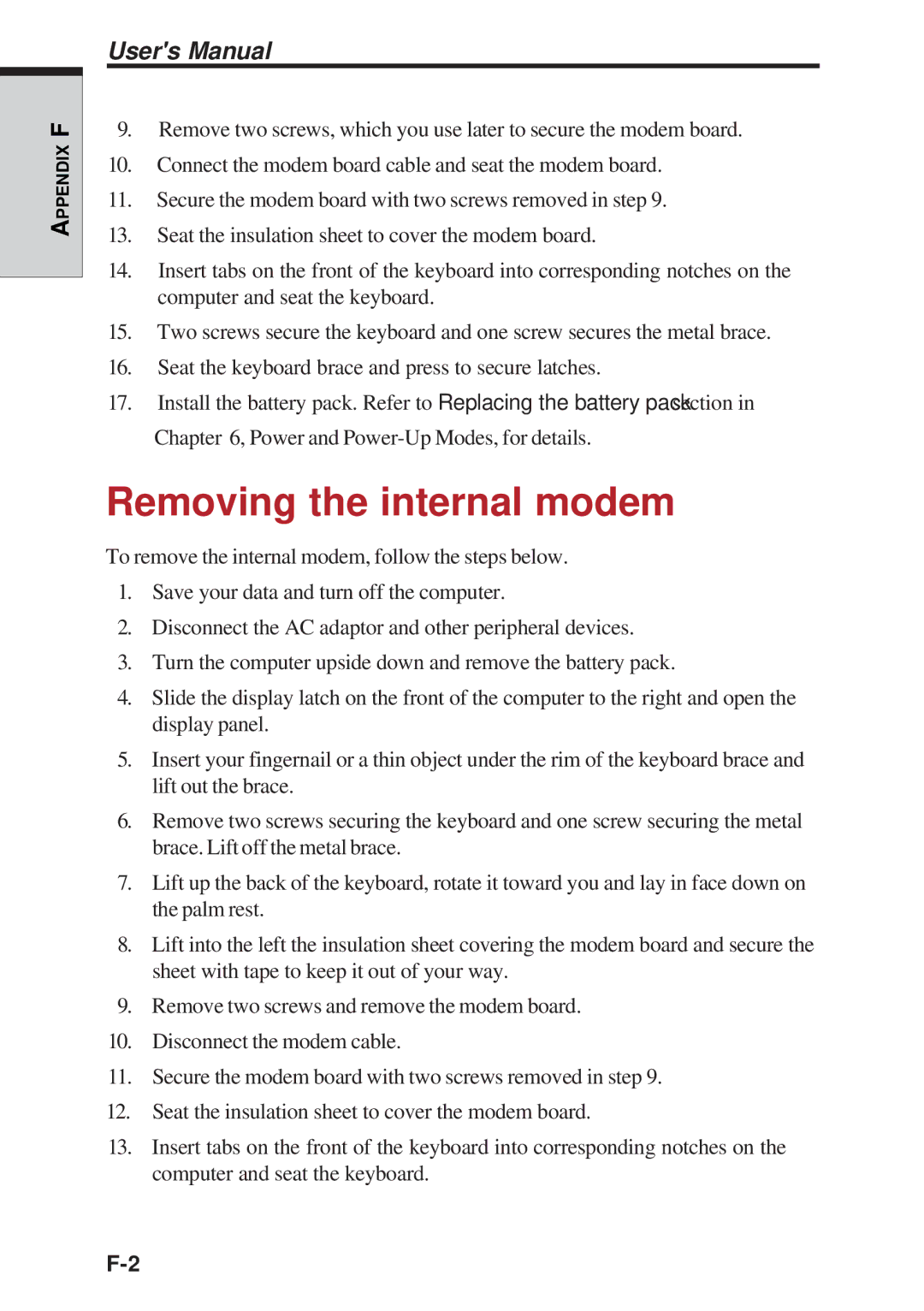 Toshiba A40 Series manual Removing the internal modem 