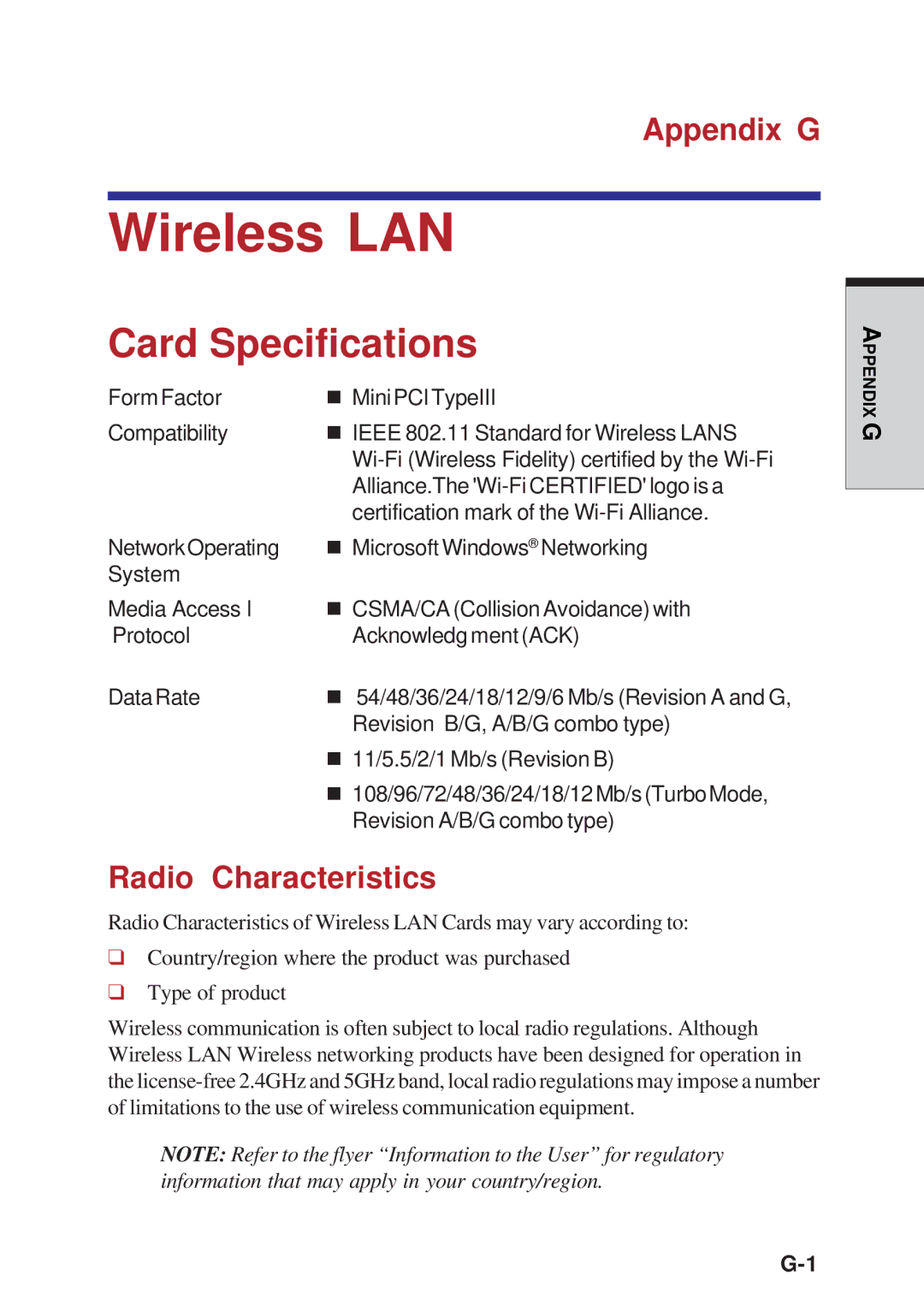 Toshiba A40 Series manual Wireless LAN, Card Specifications, Appendix G, Radio Characteristics 