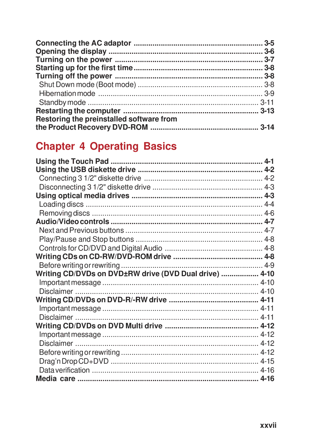 Toshiba A40 Series manual Operating Basics, Restoring the preinstalled software from, Xxvii 