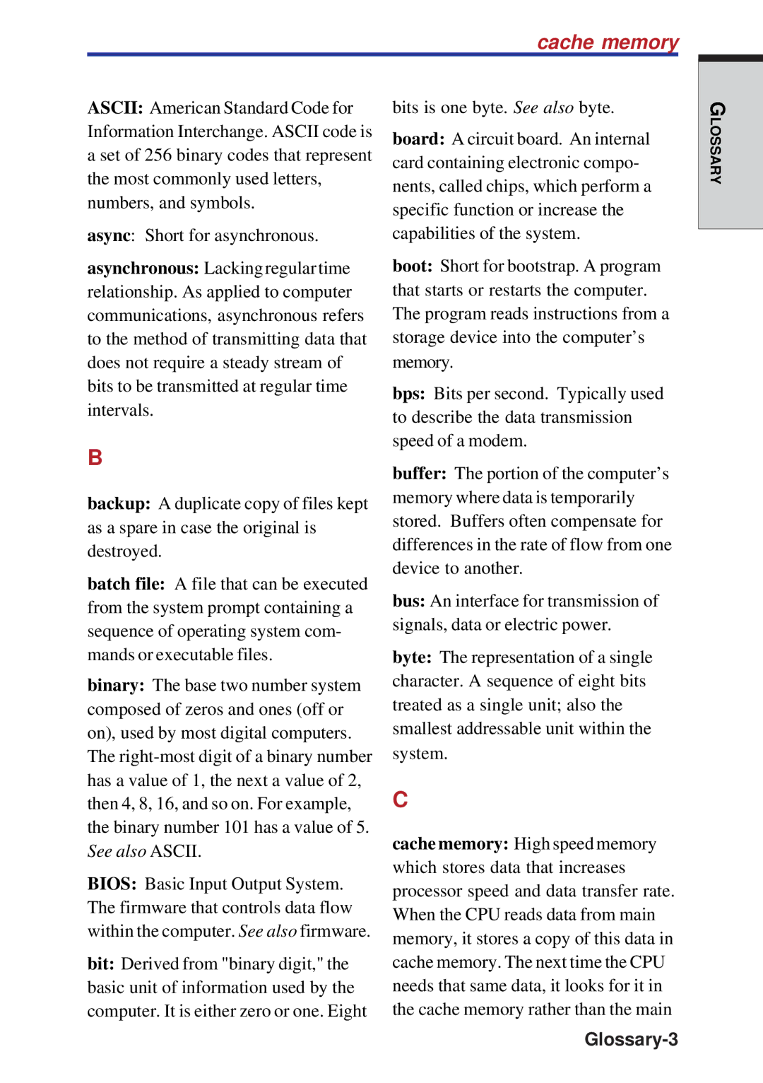 Toshiba A40 Series manual Cache memory, Glossary-3 