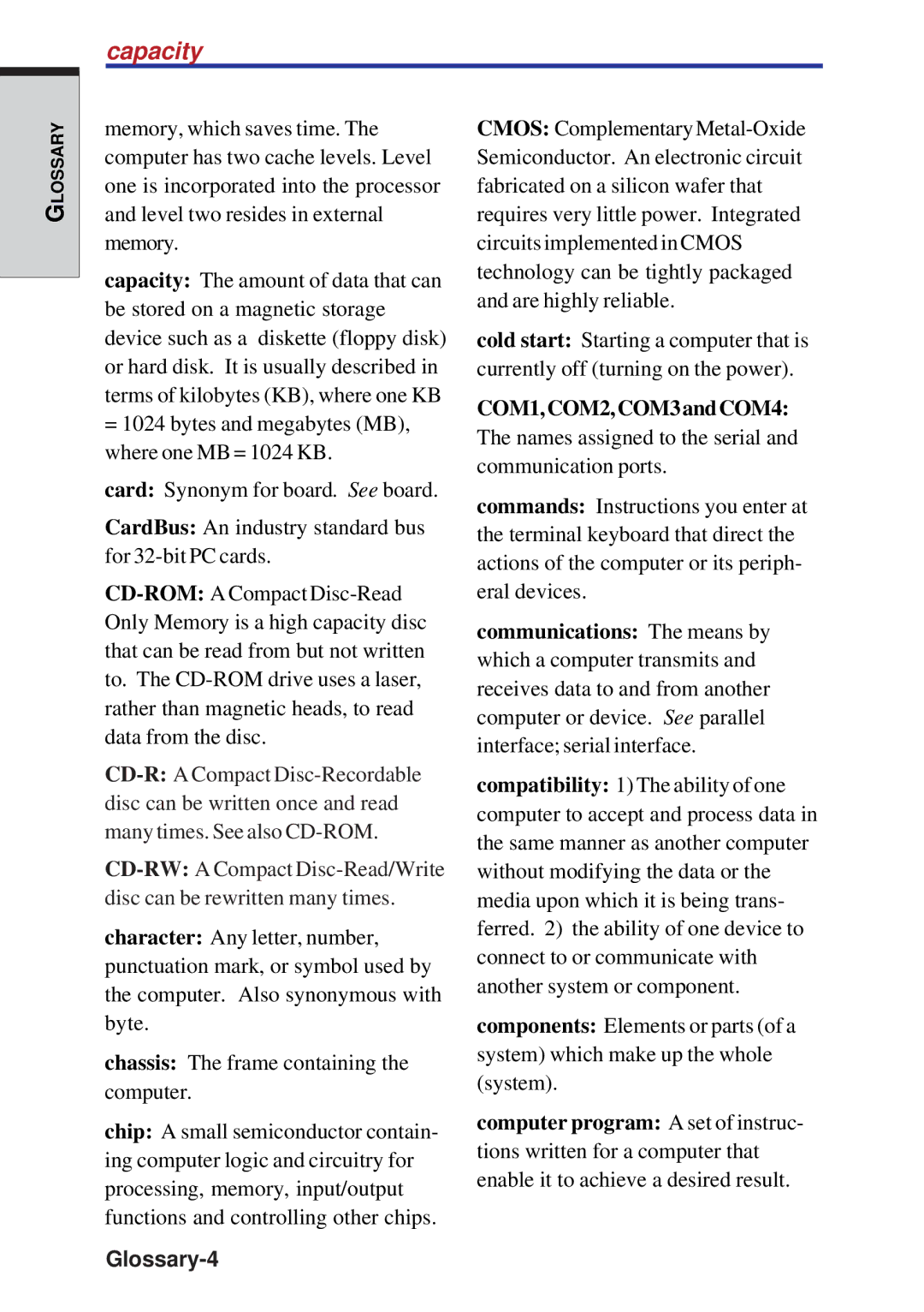 Toshiba A40 Series manual Capacity, Glossary-4 