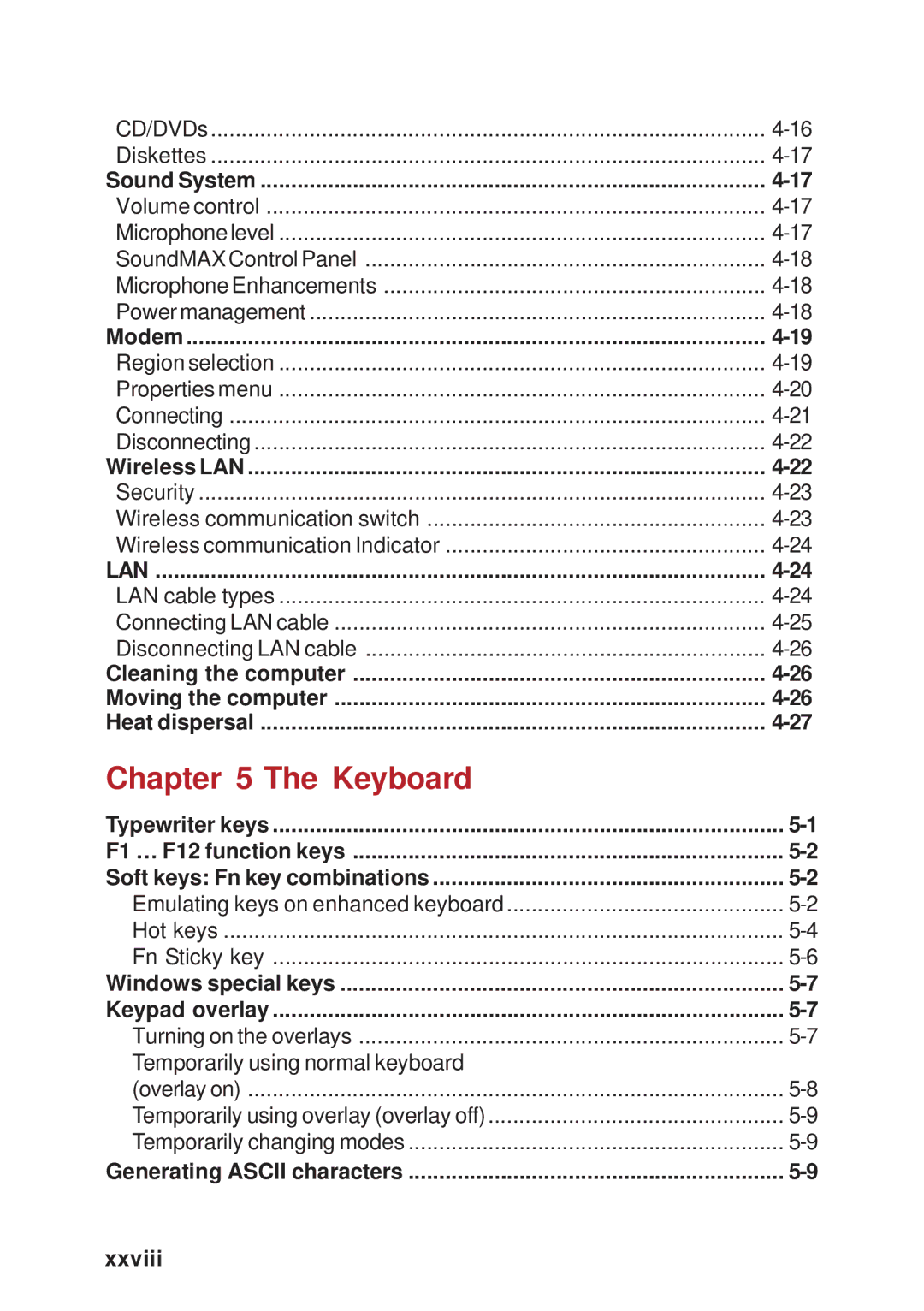 Toshiba A40 Series manual Keyboard, Xxviii 