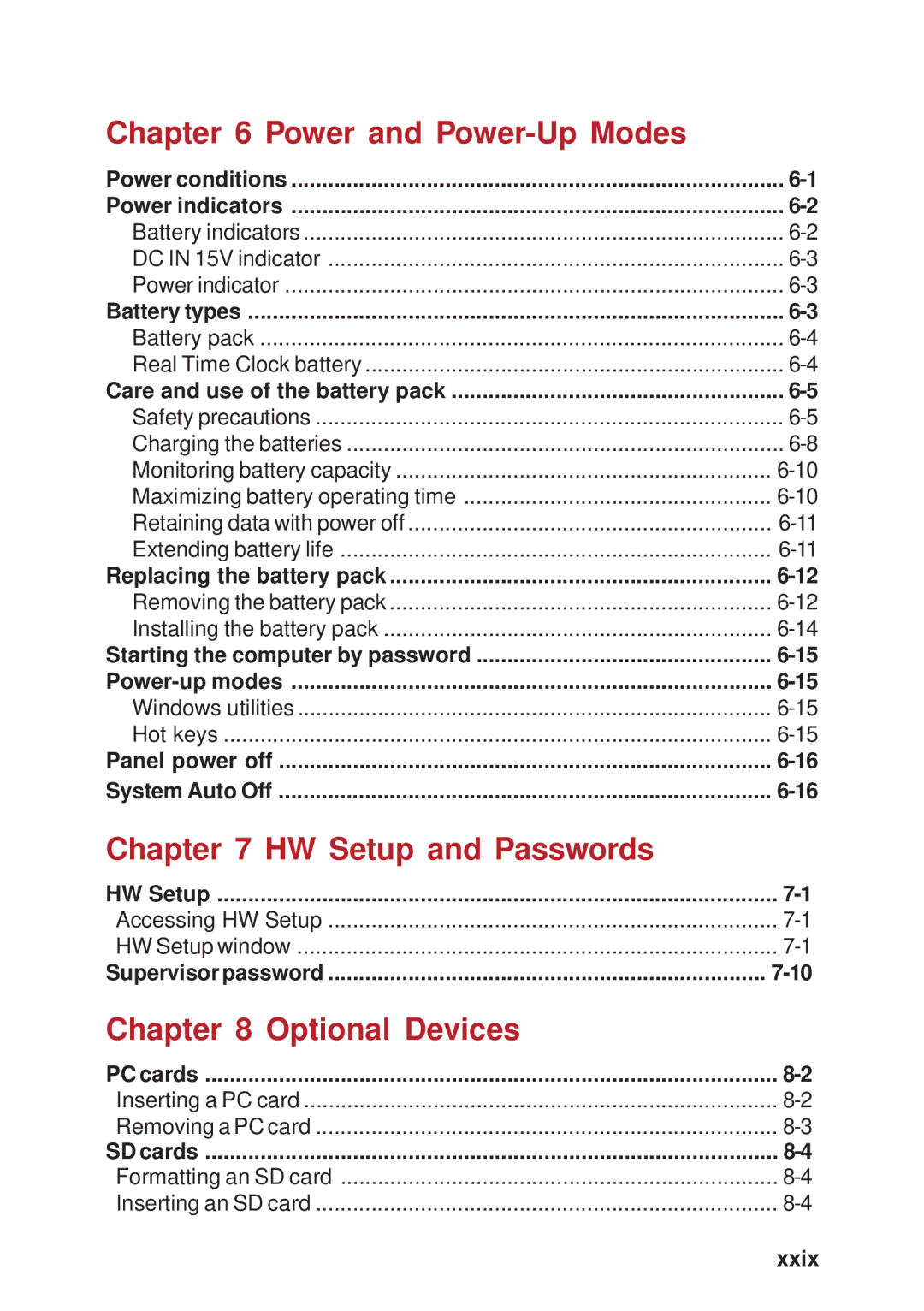 Toshiba A40 Series manual Power and Power-Up Modes, HW Setup and Passwords, Optional Devices, Xxix 