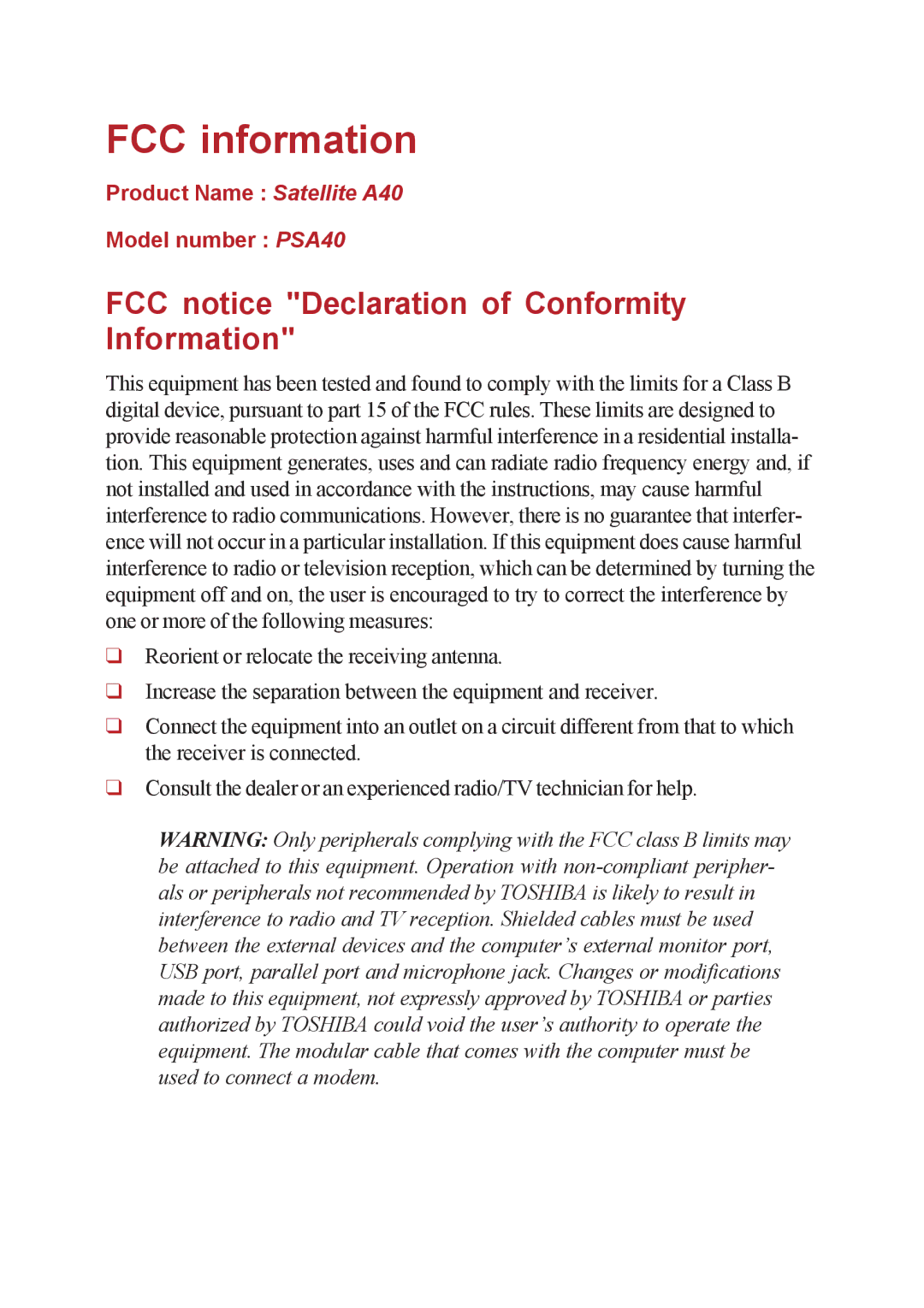 Toshiba A40 Series manual FCC information, FCC notice Declaration of Conformity Information 