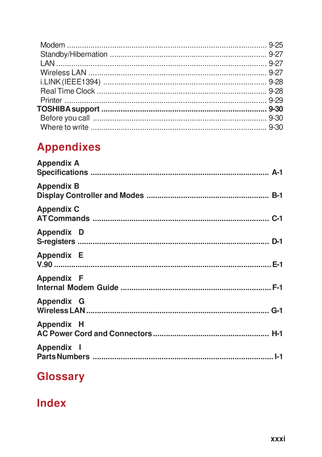 Toshiba A40 Series manual Appendixes, Glossary Index 