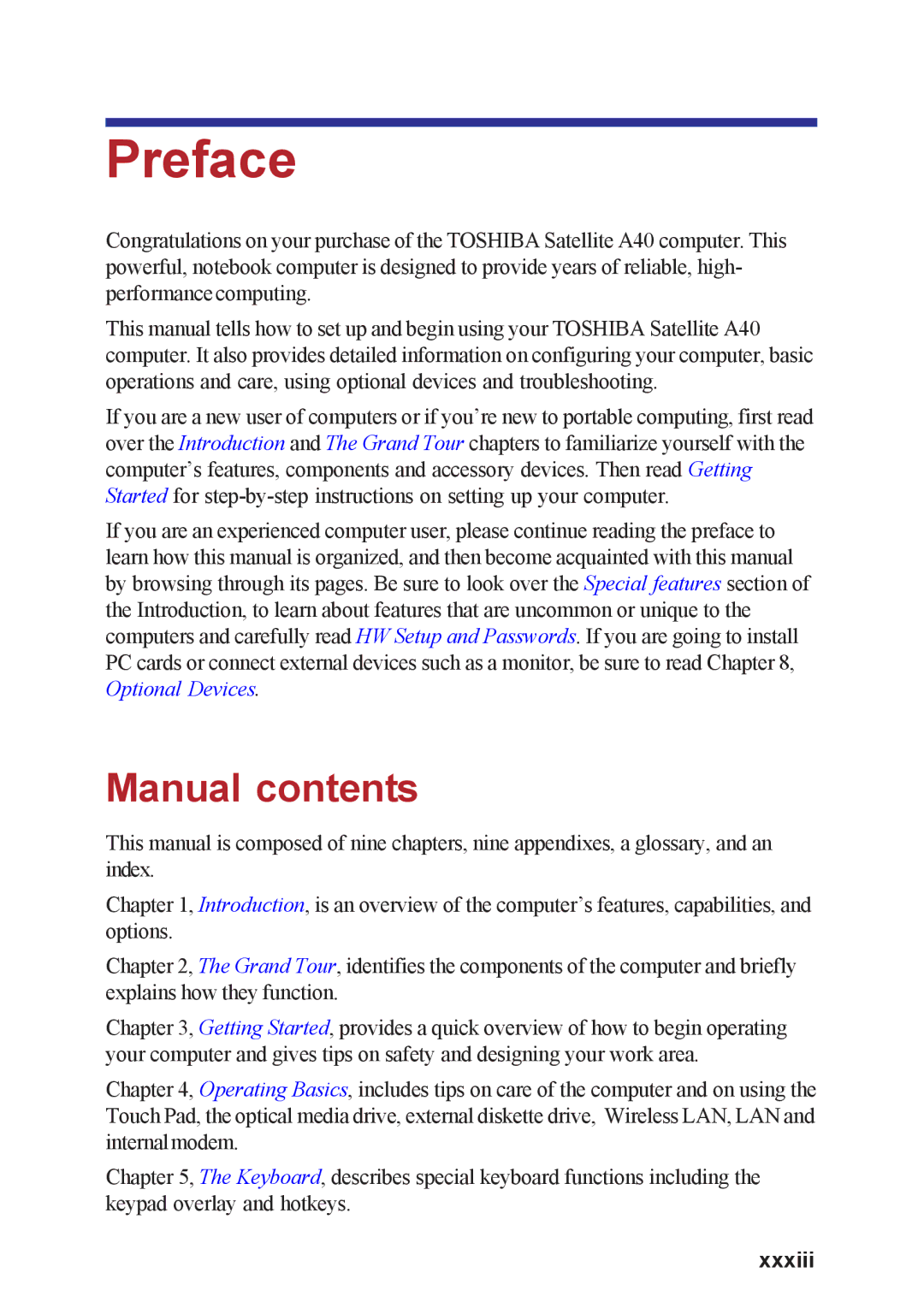 Toshiba A40 Series manual Preface, Manual contents 