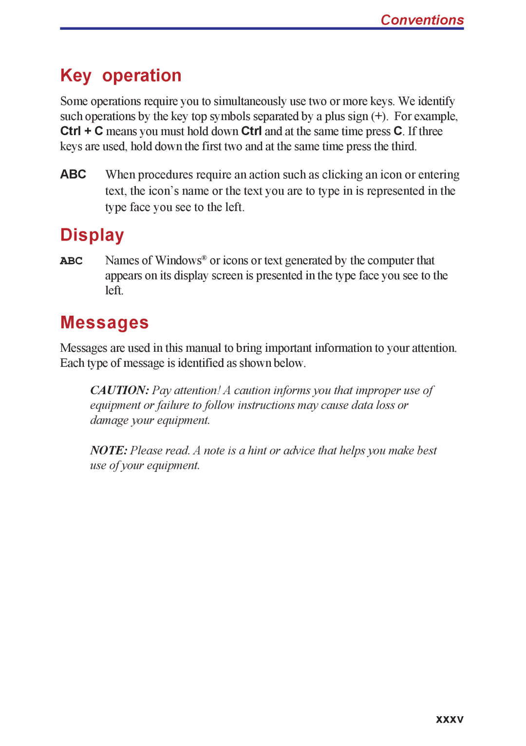 Toshiba A40 Series manual Key operation, Display, Messages, Conventions, Xxxv 