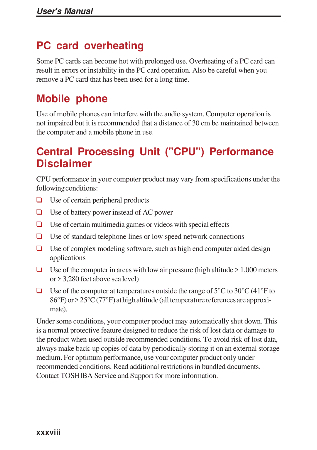 Toshiba A40 Series manual PC card overheating, Mobile phone, Central Processing Unit CPU Performance Disclaimer, Xxxviii 