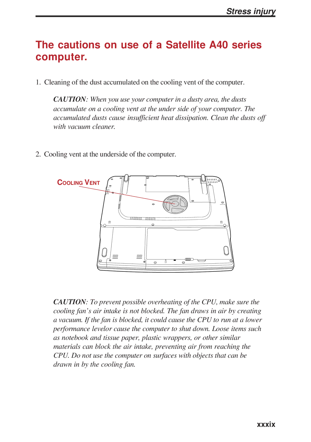 Toshiba A40 Series manual Stress injury, Xxxix 