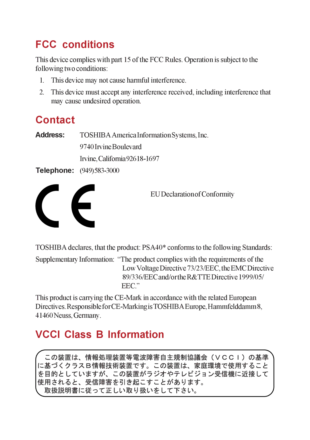 Toshiba A40 Series manual FCC conditions, Contact, Vcci Class B Information 