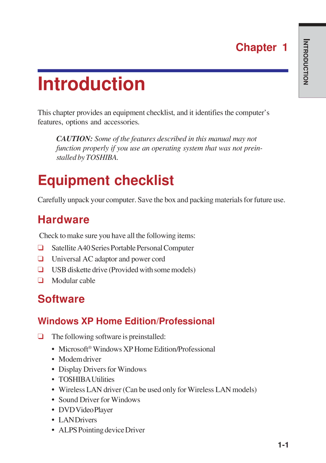 Toshiba A40 Series manual Introduction, Equipment checklist, Hardware, Software, Windows XP Home Edition/Professional 