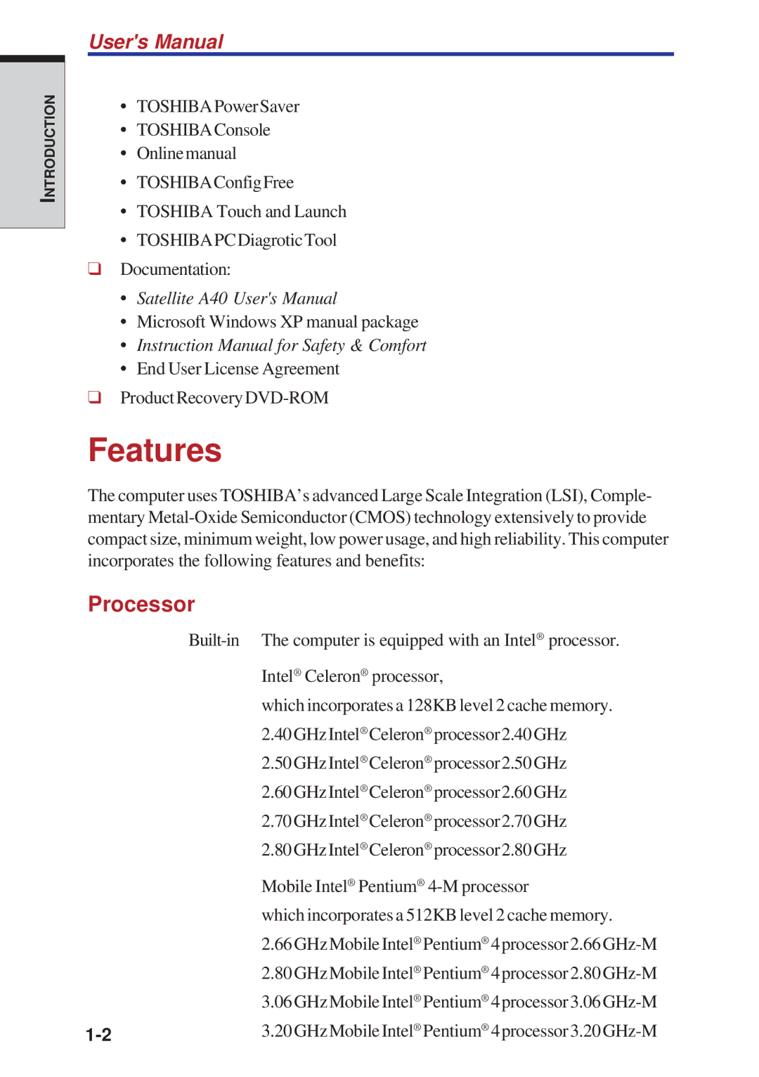 Toshiba A40 Series manual Features, Processor 