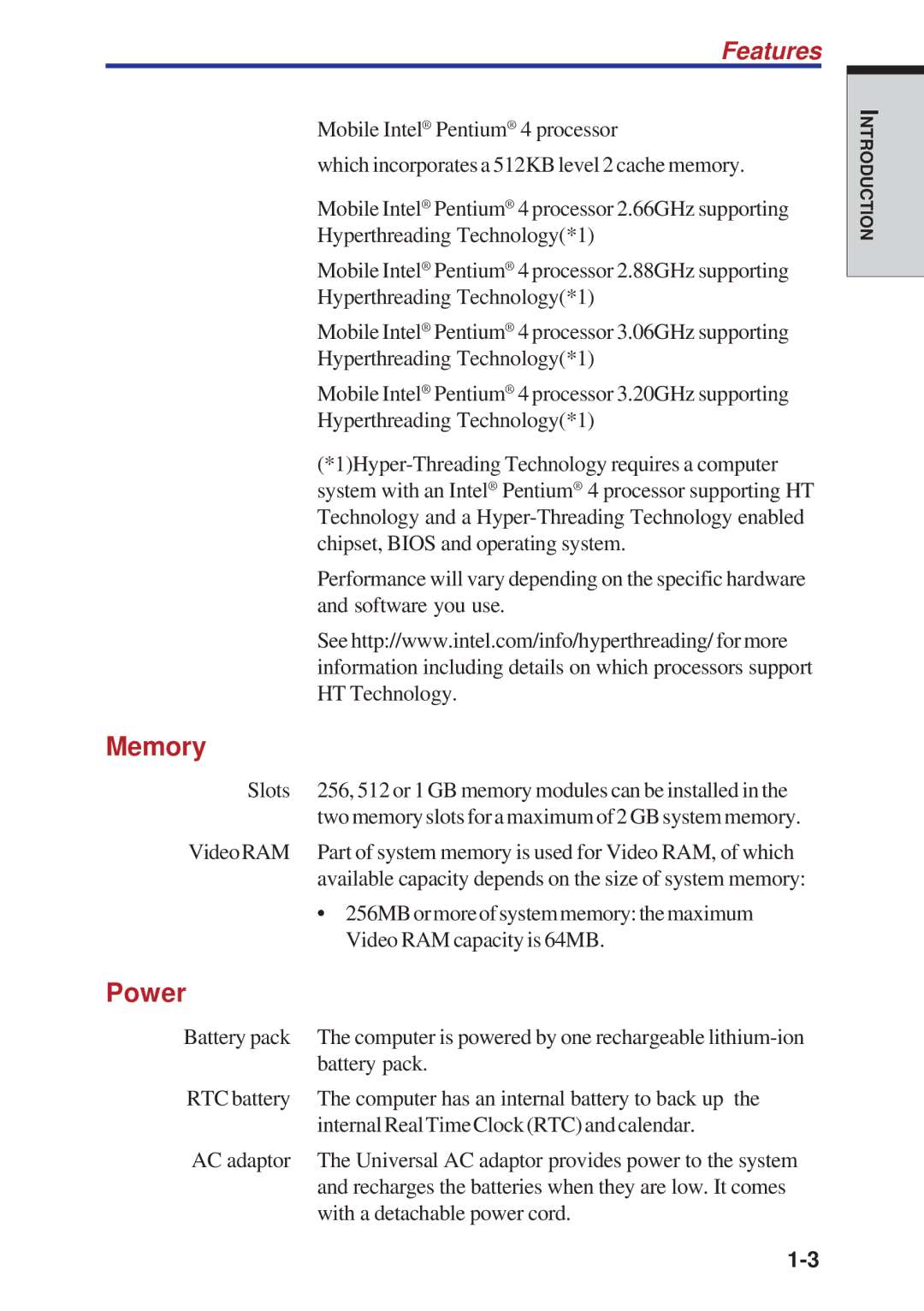 Toshiba A40 Series manual Memory, Power, Features 