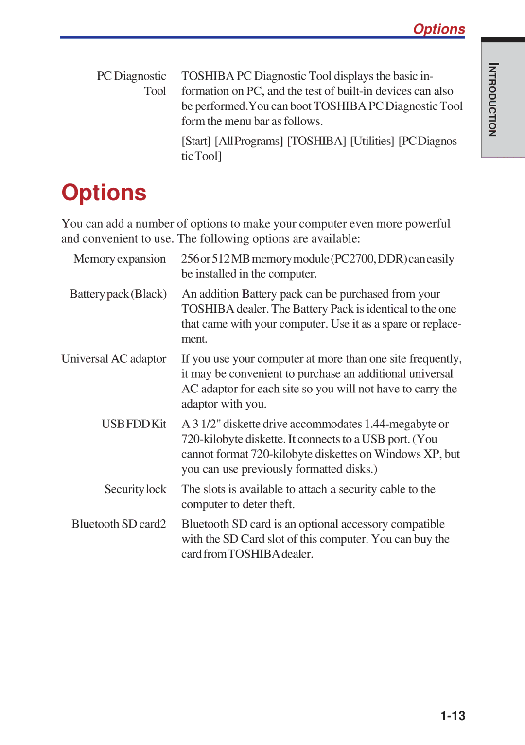 Toshiba A40 Series manual Options 