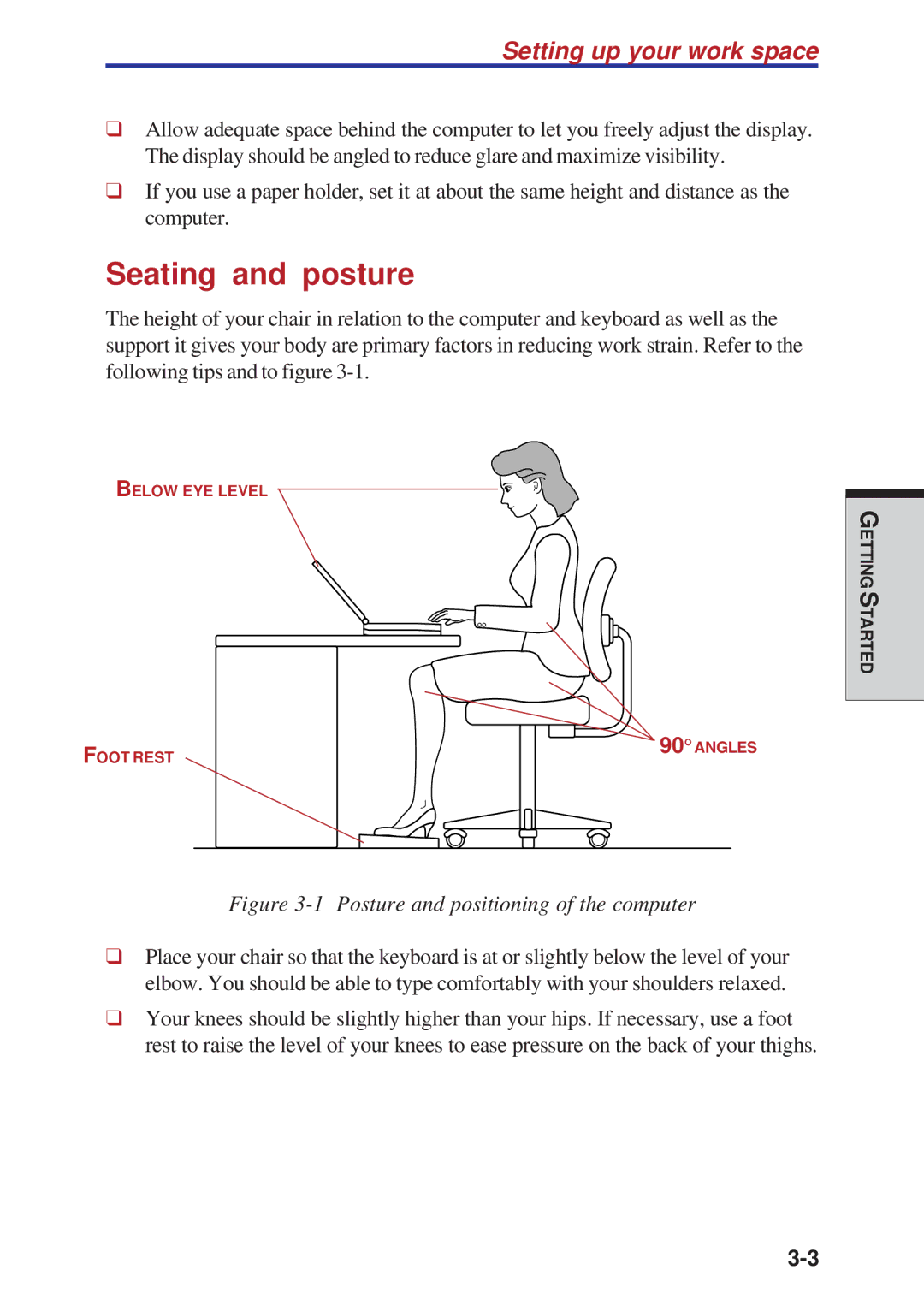 Toshiba A40 Series manual Seating and posture, Setting up your work space 