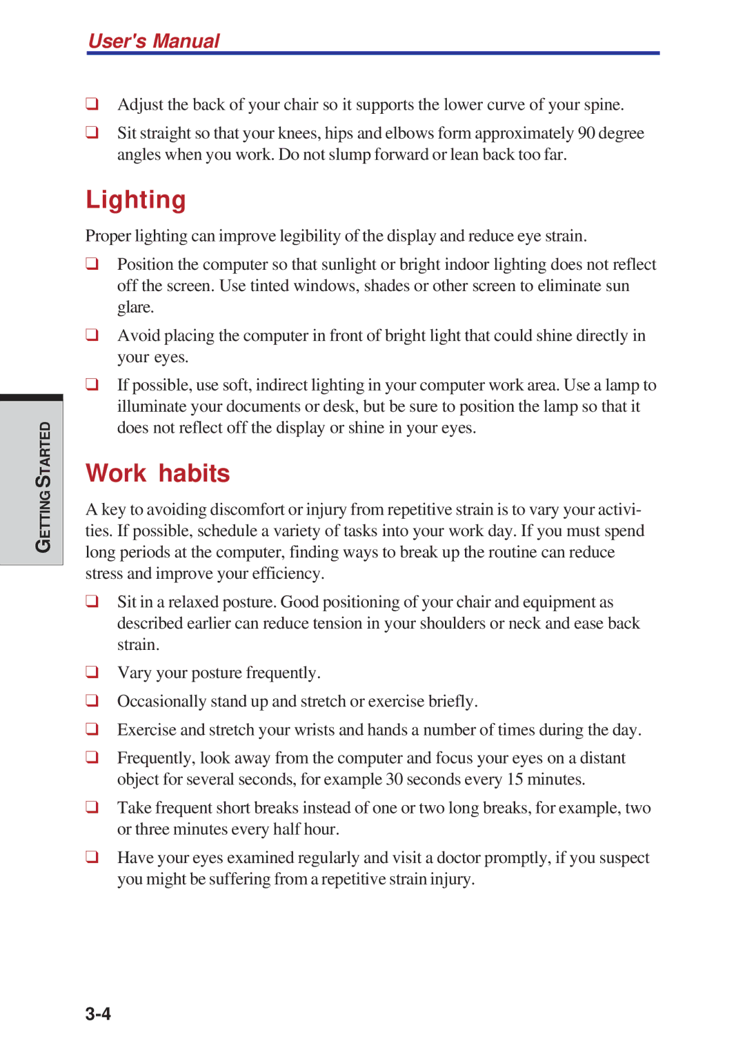 Toshiba A40 Series manual Lighting, Work habits 