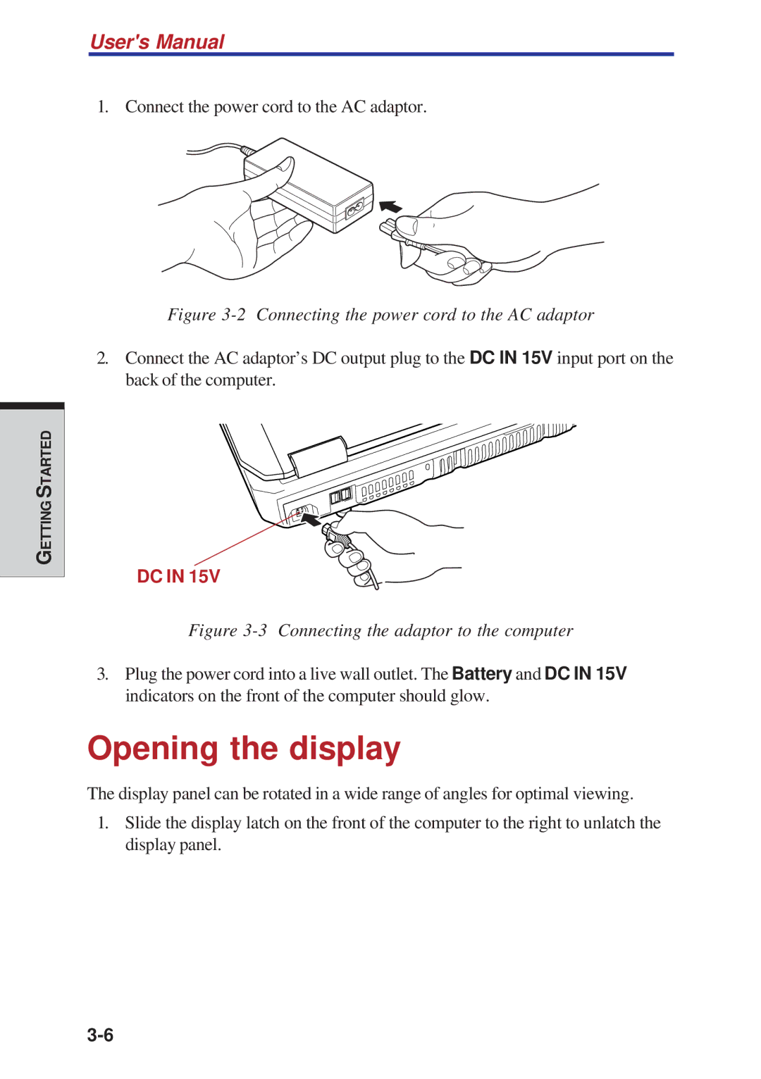 Toshiba A40 Series manual Opening the display, Connecting the power cord to the AC adaptor 